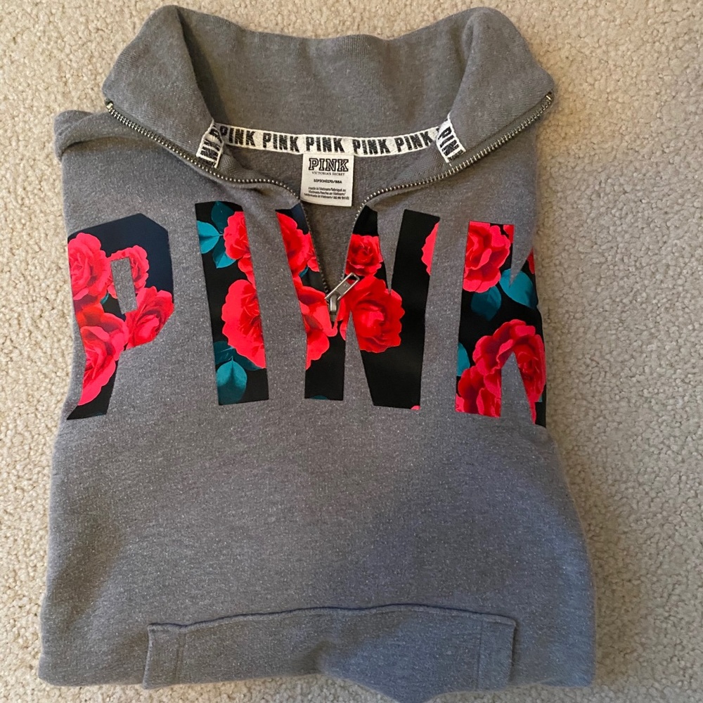 PINK Grey quarter zip crew neck/sweatshirt